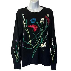 Vintage Michelle Stuart Studio Floral Knit Ramie Sweater Size Large Twee Grandma